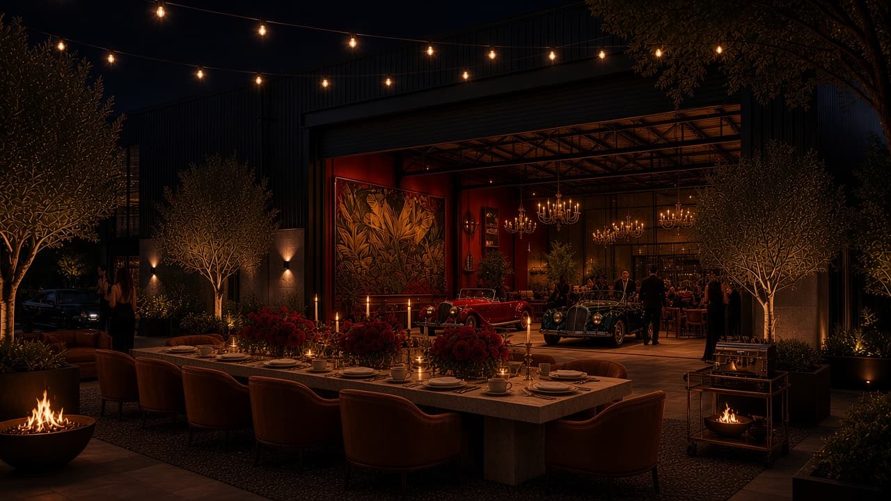 Concept rendering: Night courtyard event with a long travertine table, red florals, cognac leather chairs and a brass coffee cart outside the open roll-up door.