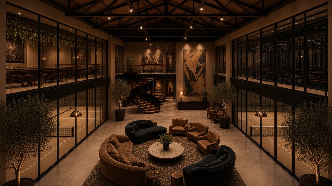 Concept rendering: Overhead view of the double-height main hall in travertine and blackened steel, with camel and black sofas around a travertine table, the spiral staircase and a tan-and-black mural, and sand-tan padel courts behind steel window grids on both sides.