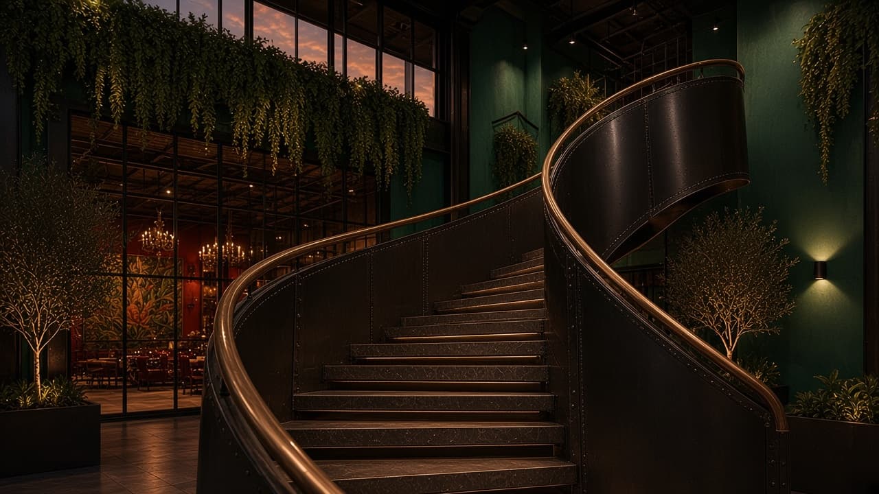 Concept rendering: Detail of the riveted blackened-steel spiral staircase with bronze handrail, steel window grid and trailing vines.