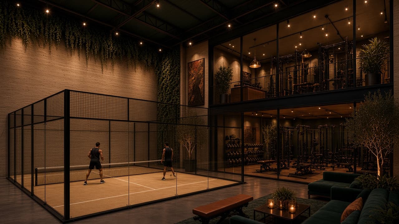 Concept rendering: Glass-walled padel court with sand-tan turf against travertine walls, beside the blackened-steel gym below and on the mezzanine.