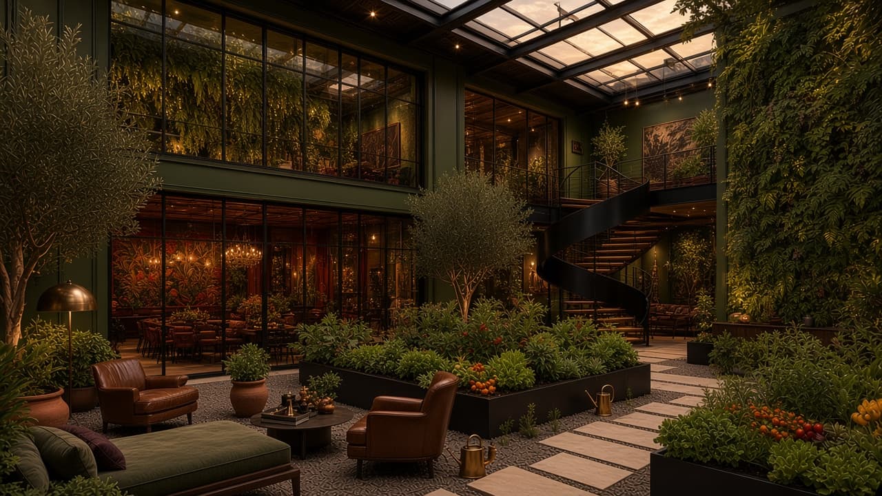 Concept rendering: Skylit olive-green garden with raised steel planter beds, olive trees, travertine paths, leather lounge chairs and the spiral stair.