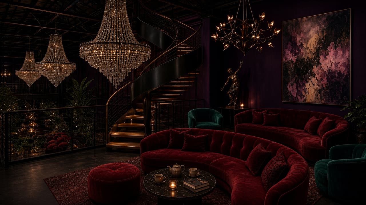 Concept rendering: Claret mezzanine lounge with ruby and emerald velvets, crystal chandeliers, a tea service on a black marble table and the top of the spiral stair at the railing.
