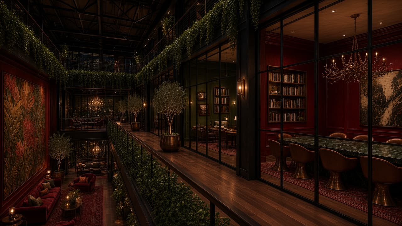 Concept rendering: Mezzanine walkway overlooking the main floor, passing the oxblood boardroom and green office suites behind steel windows.